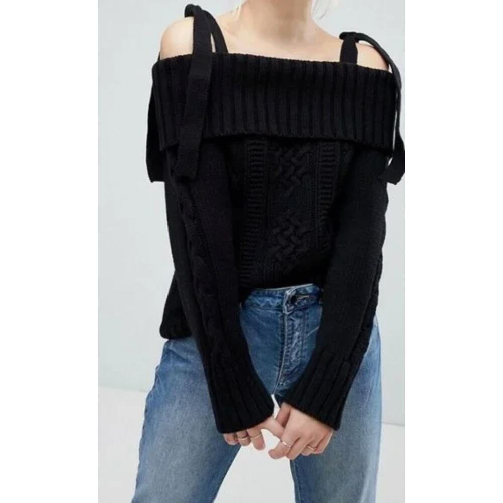 J.O.A. Tie Strap Off The Shoulder Cable Knit Sweater Black Size Medium